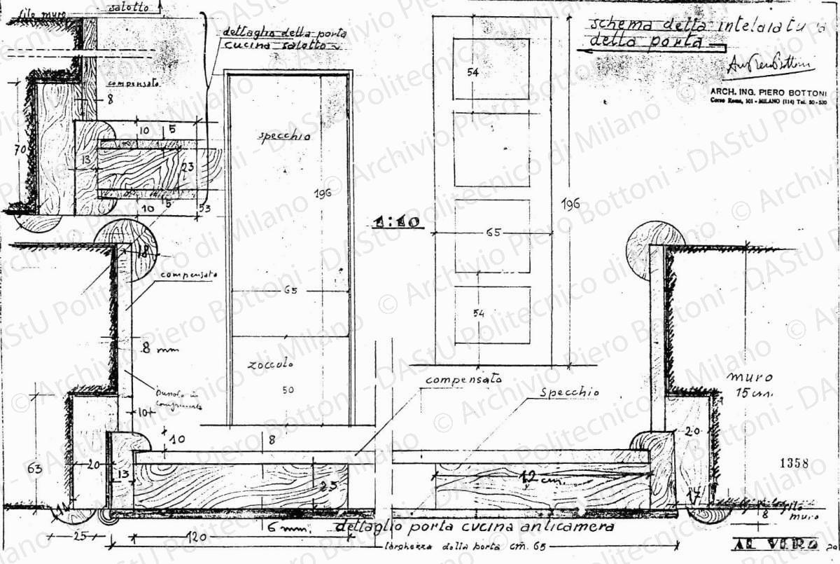 Particolare porte, scala 1:1, 1:10, prot. 1358, s.d. Matita su lucido, firmato da P. Bottoni, cm 31,0x47,2. 