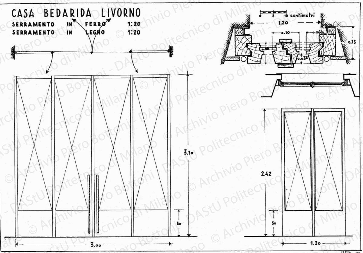 Casa Bedarida, Livorno, serramento in ferro, serramento in legno, scala 1:5, 1:20, s.d. China su lucido, cm 25,4x38,0. 