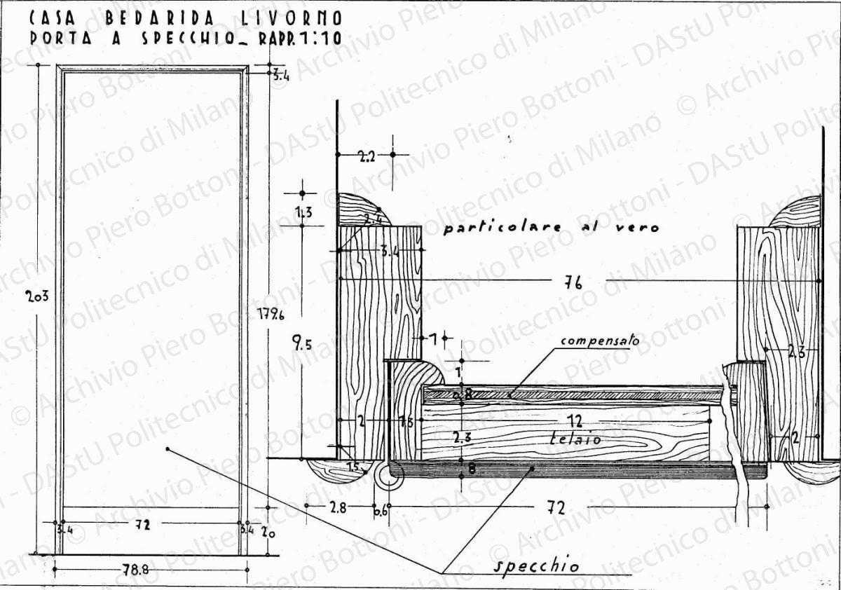 Casa Bedarida, Livorno, porta a specchio, scala 1:1, 1:10, s.d. China e matita su lucido, cm 24,9x35,8. 