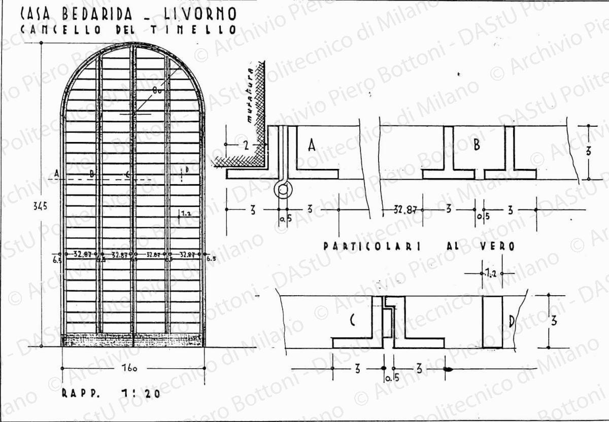 Casa Bedarida, Livorno, cancello per tinello, scala 1:1, 1:20, s.d. China e matita su lucido, cm 26,4x38,5. 