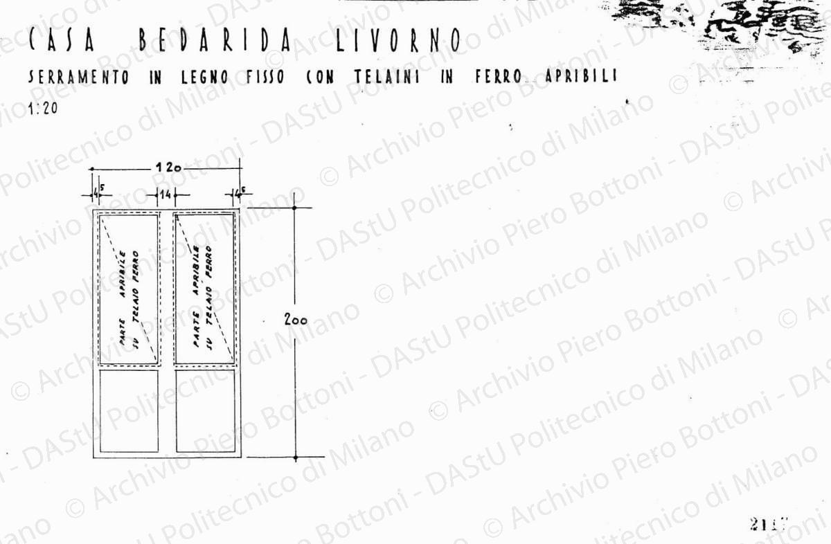 Casa Bedarida, Livorno, serramento in legno fisso con telaini in ferro apribili, scala 1:20, prot. 2117,17 luglio 1936. China su lucido, cm 25,3x35,4. 