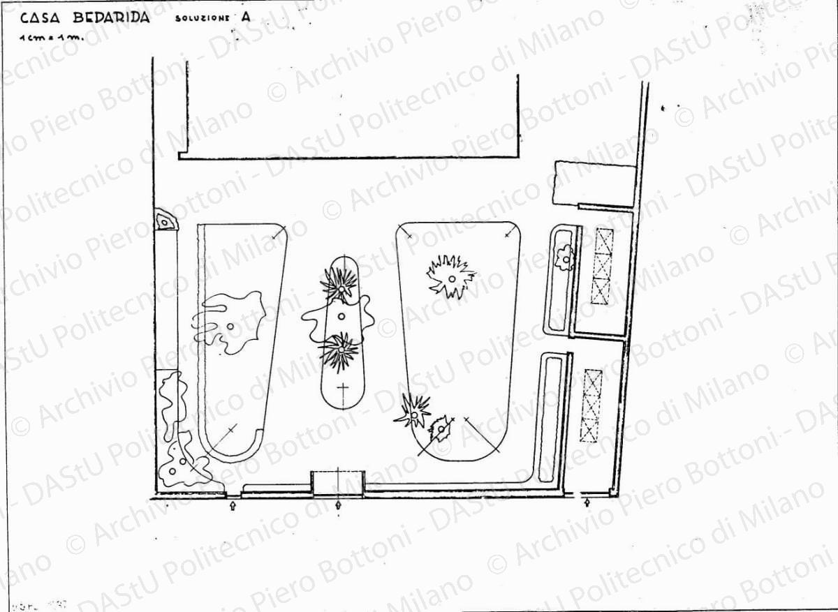 Casa Bedarida, soluzione A, planimetria giardino, scala 1:100, 25 febbraio 1937. China e matita su lucido, cm 37,9x51,2. 