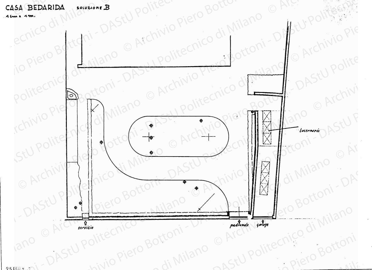 Casa Bedarida, soluzione B, planimetria giardino, scala 1:100, 25 febbraio 1937. China e matita su lucido, cm 37,3x52,4. 