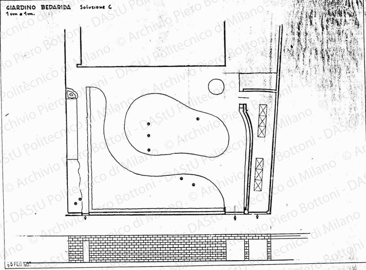 Giardino Bedarida, soluzione C, planimetria, scala 1:100, 25 febbraio 1937. China e matita su lucido, cm 39,3x52,0. 