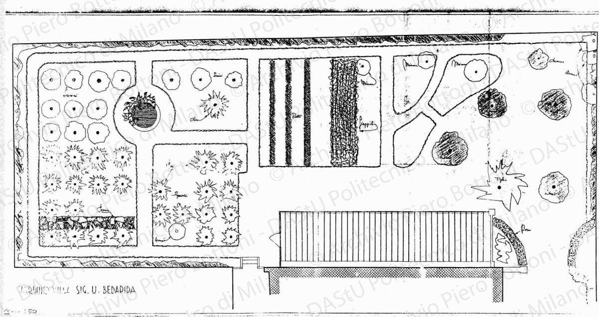 Giardino villa U. Bedarida (parte), planimetria, scala 1:50, s.d. Eliografia su carta, cm 48,5x102,0.