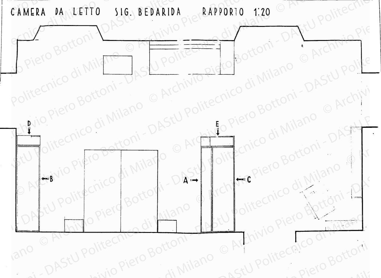 Camera da letto Sig. Bedarida, pianta, scala 1:10, prot. 2110, 2 giugno 1936. China e matita su lucido, cm 37,5x50,9. 