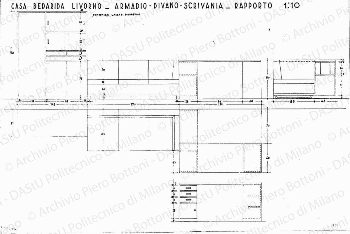Casa Bedarida, Livorno, armadio, divano, scrivania, scala 1:10, prot. 2111, 21 giugno 1936. China su lucido, cm 51,8x78,2. 
