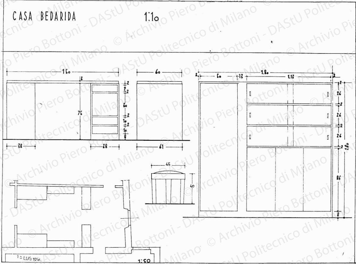 Casa Bedarida, pianta e mobili camera da letto dei ragazzi, scala 1:10, 1:50, 15 luglio 1936. China su lucido, cm 36,0x48,3. 