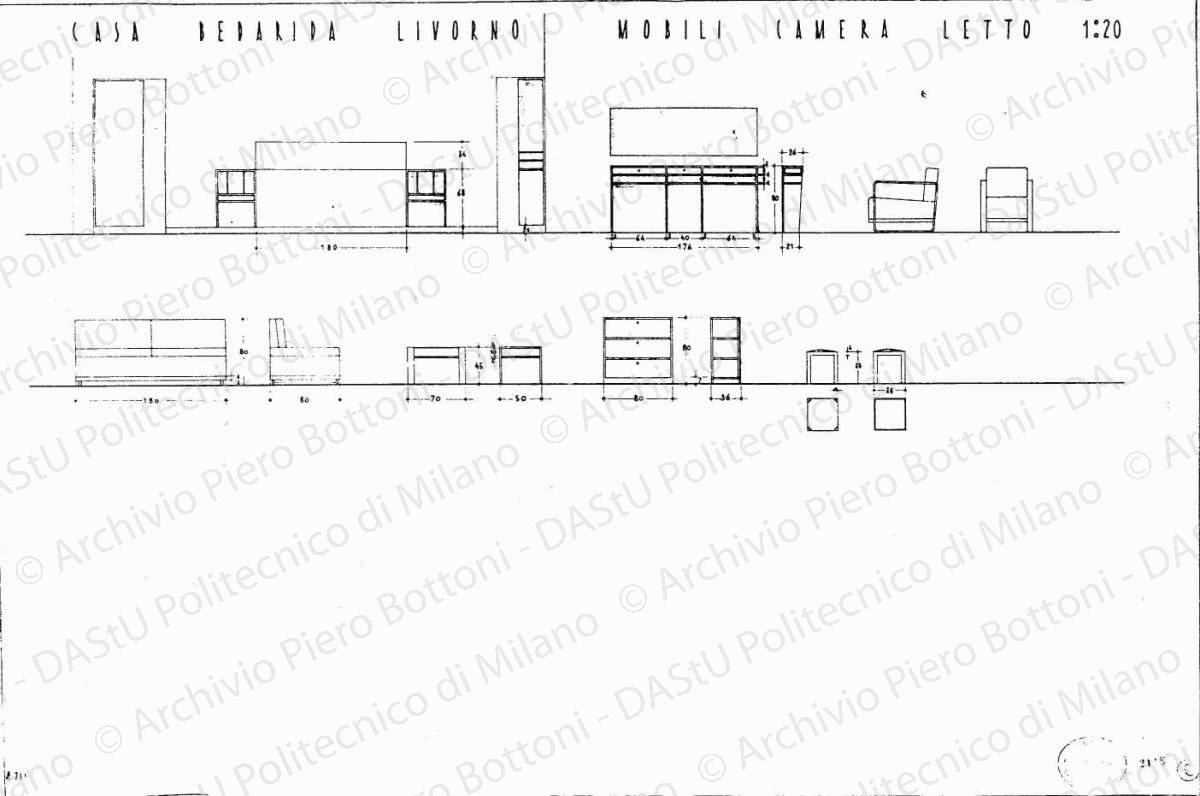 Casa Bedarida, Livorno, mobili camera letto, scala 1:20, prot. 2118, 17 luglio 1936. China e matita su lucido, cm 49,0x73,8. 