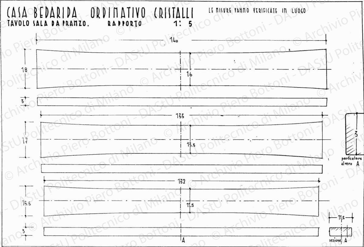 Casa Bedarida, ordinativo cristalli tavolo sala da pranzo, scala 1:5, s.d. China su lucido, cm 25,8x37,9. 