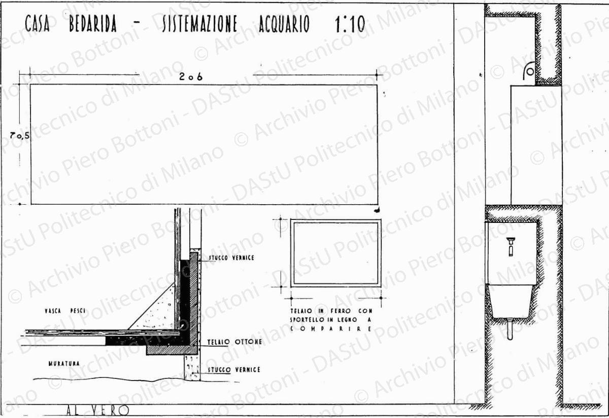 Casa Bedarida, sistemazione acquario, scala 1:1, 1:10, prot. 2131, 6 settembre 1936. China su lucido, cm 27,0x39,0. 