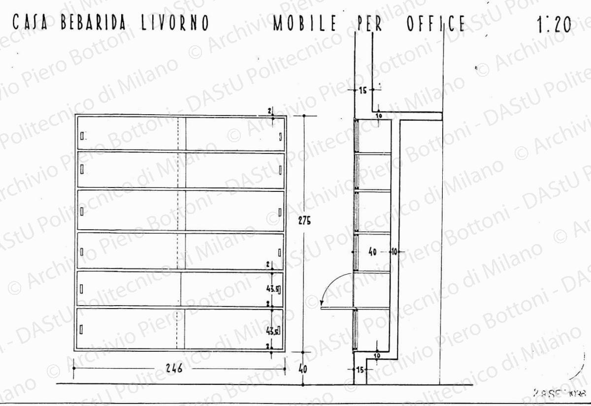 Casa Bedarida, mobile per office, scala 1:20, 28 settembre 1936. China su lucido, cm 26,0x37,5.