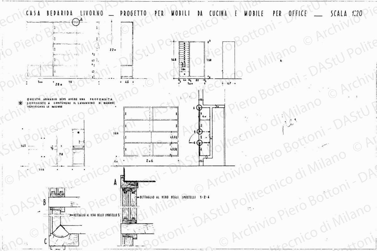 Casa Bedarida, Livorno, progetto per mobili da cucina e mobili da office, scala 1:1, 1:20, 28 settembre 1936. China su lucido, cm 48,0x72,5. Annotazioni a matita. 