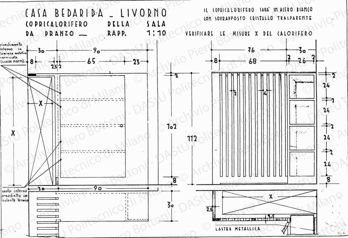 Casa Bedarida, Livorno, copricalorifero per sala da pranzo, scala 1:10, 14 ottobre 1936. China e matita su lucido, cm 25,5x37,7. 