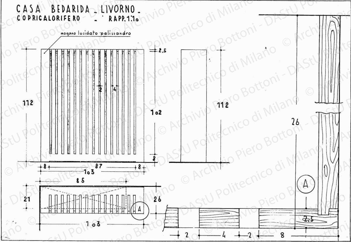 Casa Bedarida, Livorno, copricalorifero, scala 1:1, 1:10, 27 novembre 1936. China e matita su lucido, cm 26,6x38,5. 