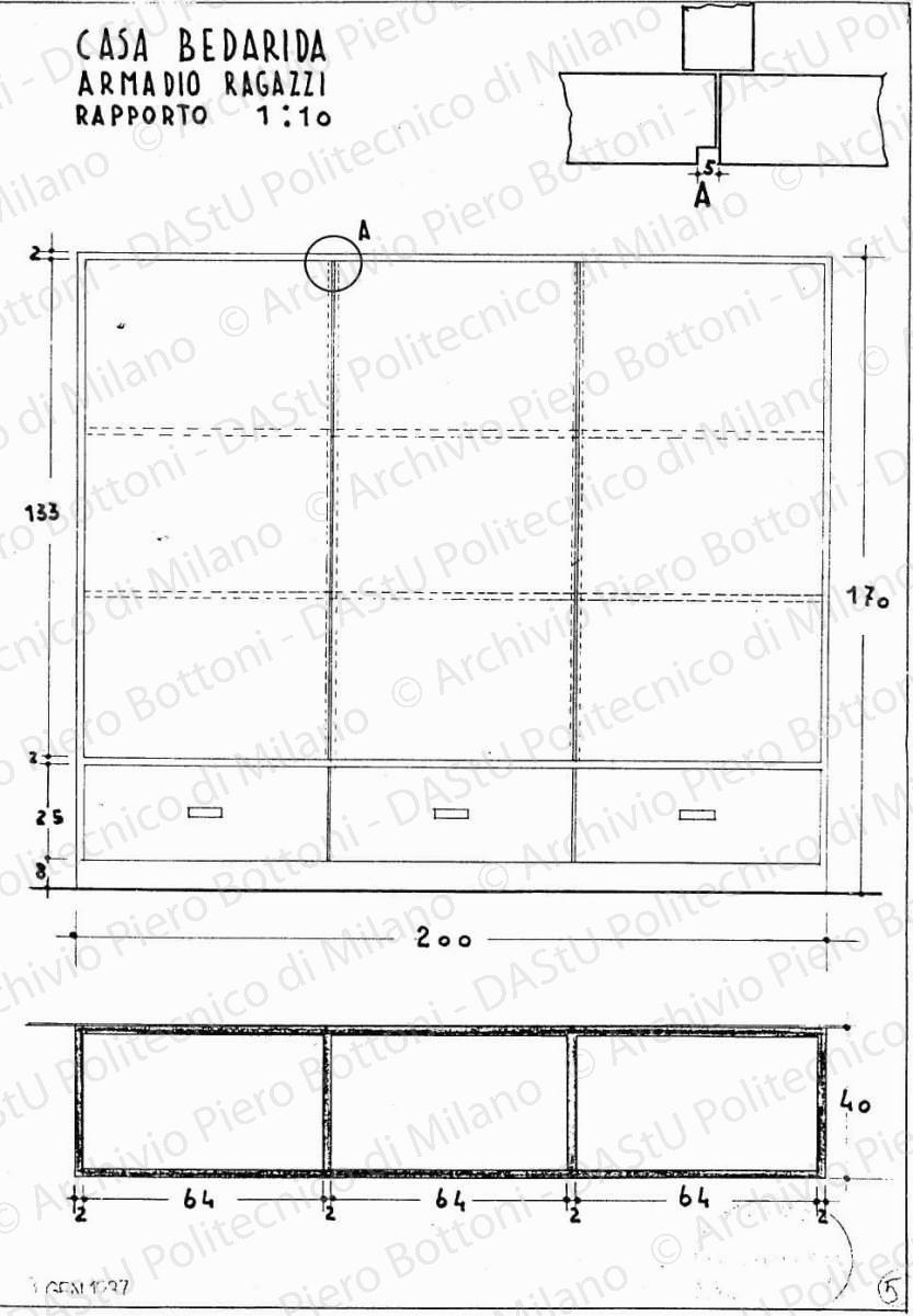 Casa Bedarida, armadio ragazzi, scala 1:1, 1:10, 8 gennaio 1937. China e matita su lucido, cm 37,0x25,5. 