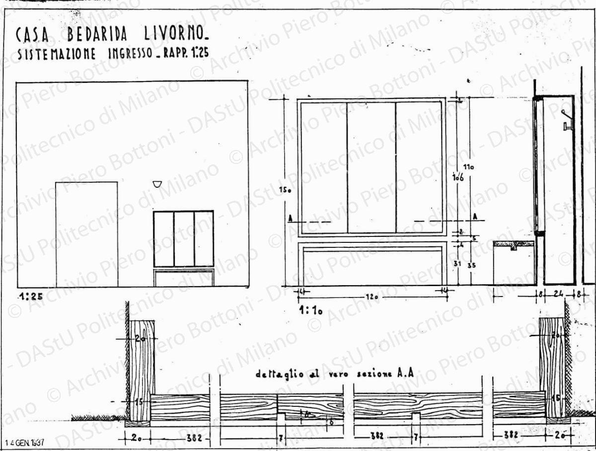 Casa Bedarida, Livorno, sistemazione ingresso, scala 1:1, 1:10, 1:25, 14 gennaio 1937. China e matita su lucido, cm 37,0x49,7. 
