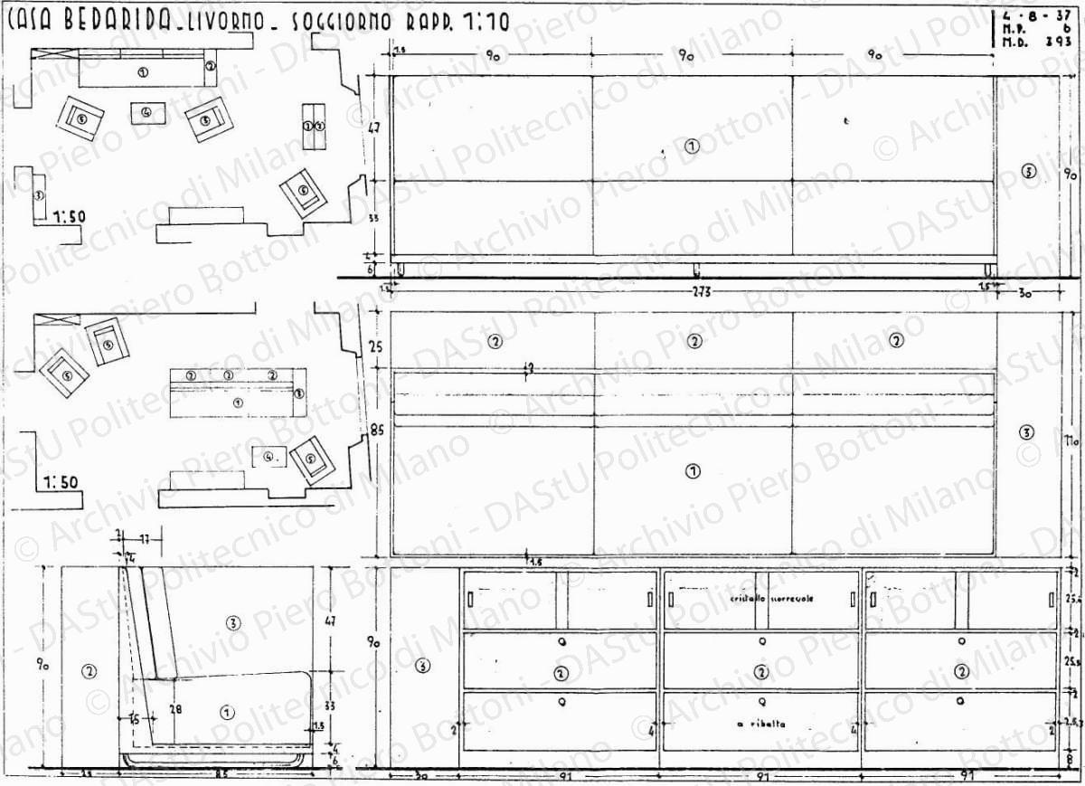 Casa Bedarida, Livorno, piante e mobili soggiorno, scala 1:10, 1:50, 4 agosto 1937. China e matita su lucido, cm 36,0x49,5. 