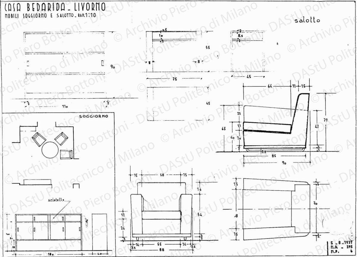 Casa Bedarida, Livorno, mobili soggiorno e salotto, scala 1:10, 1:50, 4 agosto 1937. China e matita su lucido, cm 36,0x49,0. 
