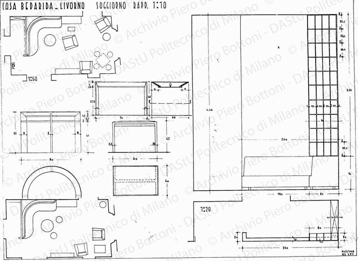 Casa Bedarida, Livorno, piante e mobili soggiorno, scala 1:10, 1:20, 1:50, 26 gennaio 1938. China e matita su lucido, cm 36,0x49,5. 