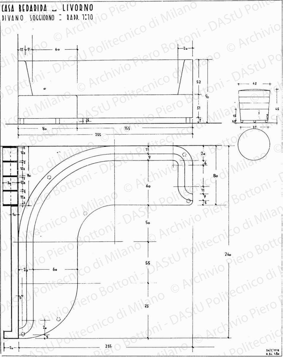 Casa Bedarida, Livorno, divano soggiorno, scala 1:10, 26 gennaio 1938. China e matita su lucido, cm 50,5x41,0. 