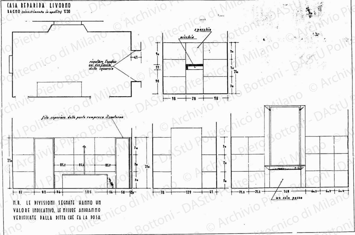 Casa Bedarida, Livorno, pianta e prospetti bagno, scala 1:20, s.d. China e matita su lucido, cm 50,0x77,0. 