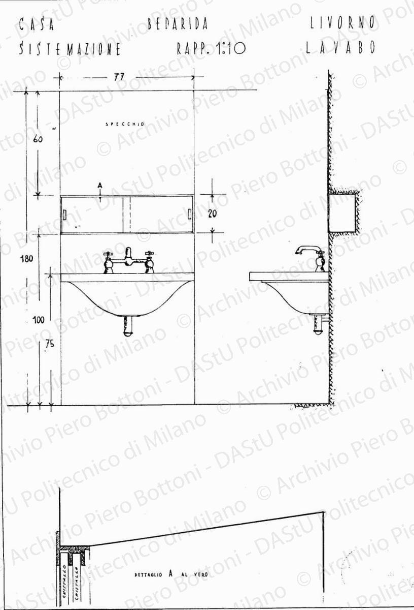 Casa Bedarida, Livorno, sistemazione lavabo, scala 1:10, s.d. China su lucido, cm 39,3x27,0. 