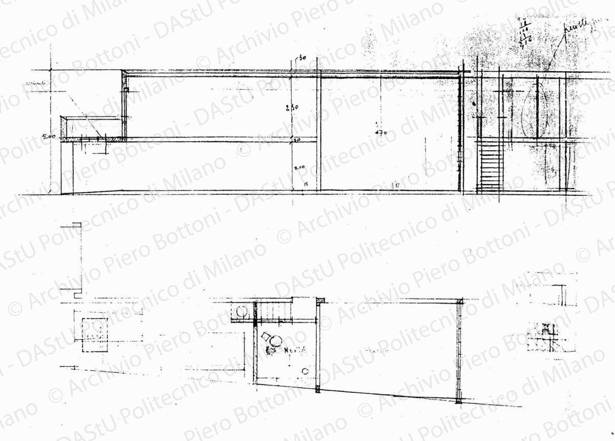 Pianta del piano terreno e sezioni, scala 1:50, s.d. Matita su lucido, cm 38,1x52,6. 