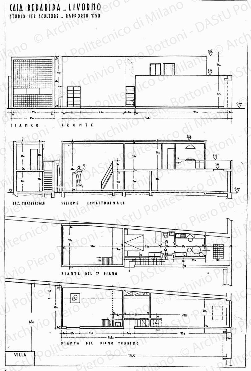 Casa Bedarida, Livorno, studio per scultore, pianta del piano terreno, pianta del I piano, sez. trasversale, sezione longitudinale, fianco e fronte, scala 1:50, s.d. China su lucido, cm 75,0x51,4.