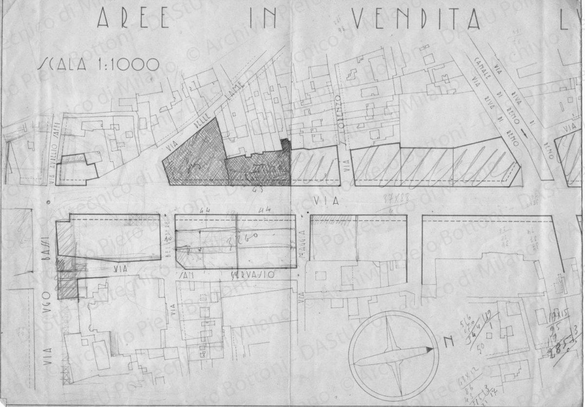 Schizzi planimetrici e annotazioni su: Aree in vendita lungo la via Roma, planimetria, scala 1:1000, s.d. Matita su eliografia su carta, cm 30,5x84,1. 