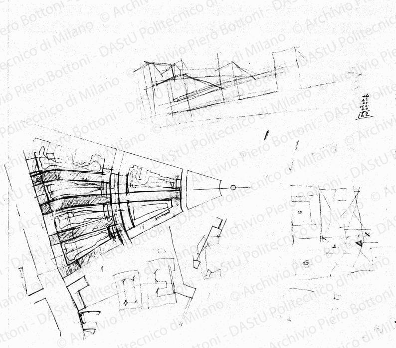 Schizzo planimetrico e prospettico dell'isolato d'angolo via Roma-via Delle Lame, scala 1:1000, s.d. Matita su lucido, cm 37,5x47,5. 