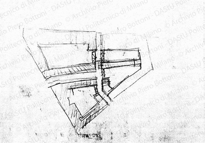 Schizzo planimetrico dell'isolato d'angolo via Roma-via Delle Lame, scala 1:1000, s.d. Matita su lucido, cm 25,5x39,0. 