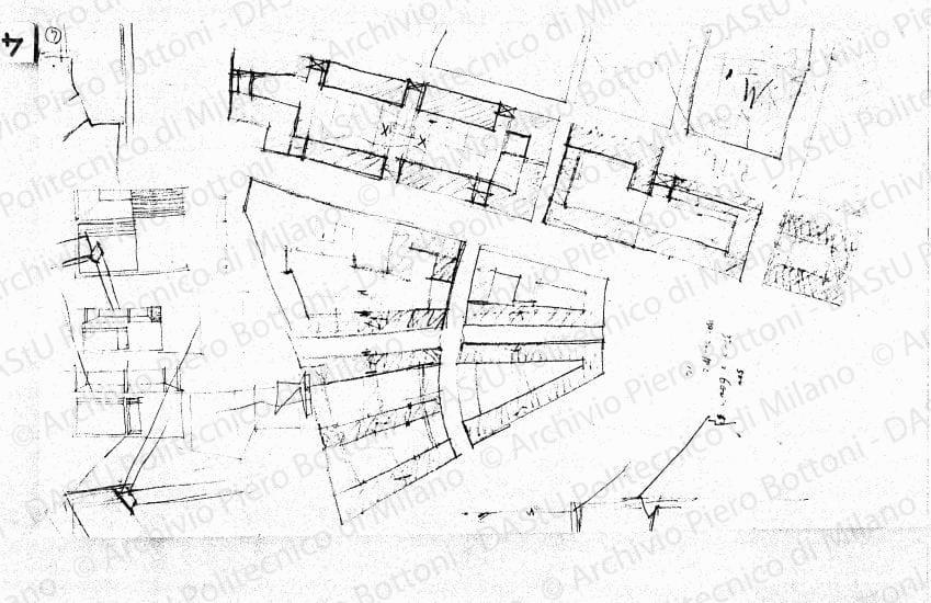 Schizzo planimetrico di via Roma (tratto da via Ugo Bassi a via Riva delle Lame), scala 1:1000, s.d. Matita e matita rossa su lucido, cm 29,0x51,0. 