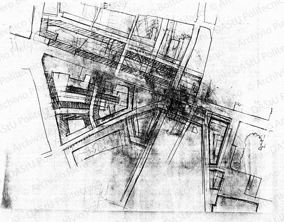 Schizzo planimetrico di via Roma (tratto da via Ugo Bassi a via Riva di Reno), scala 1:1000, s.d. Matita su lucido, cm 46,5x58,5. 