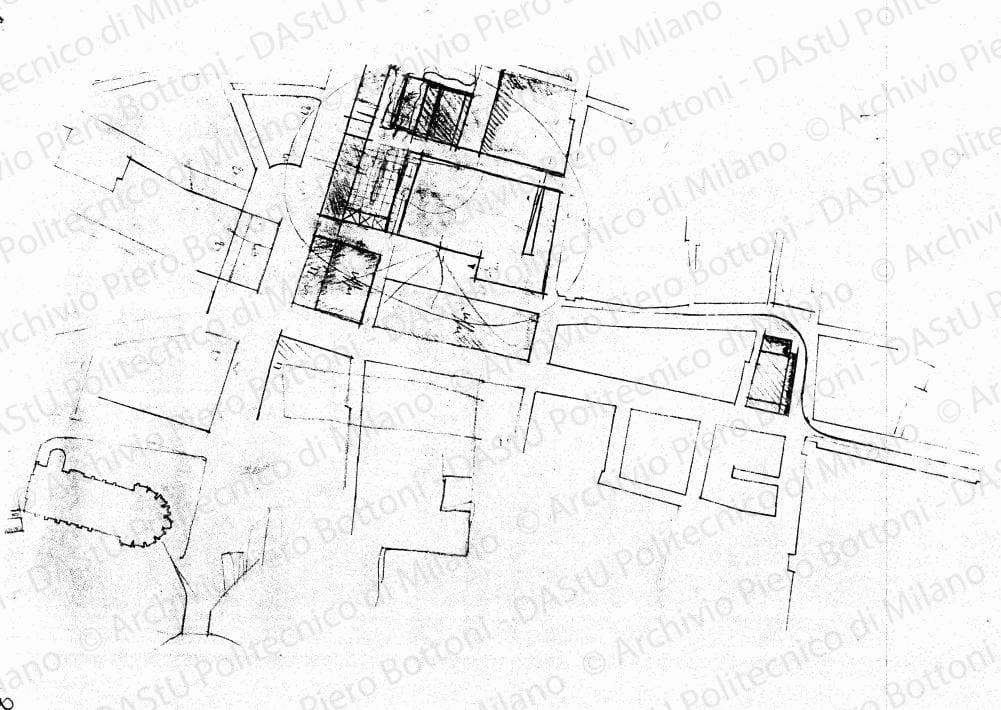 Schizzo planimetrico (area compresa tra via Roma via Ugo Bassi e piazza Malpighi), scala 1:1000,s.d. Matita su lucido, cm 36,0x61,5. 
