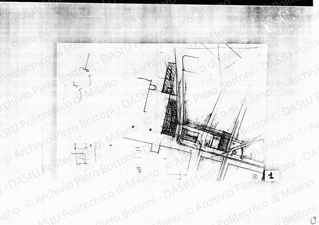 Schizzo planimetrico (tratto terminale di via Roma-piazza Malpighi), scala 1:1000, s.d. Matita e matita verde su lucido, cm 41,5x27,0. 