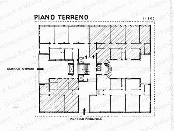 Pianta piano terreno di edificio a torre, scala 1:200, s.d. China su lucido, cm 17,0x22,7. 
