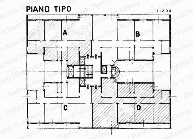 Pianta piano tipo di edificio a torre, scala 1:200, s.d. China su lucido, cm 21,0x21,5. 