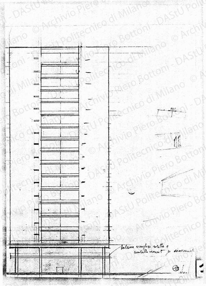 Prospetto di edificio a torre, scala 1:200, s.d. Matita su lucido, cm 36,0x25,0. 