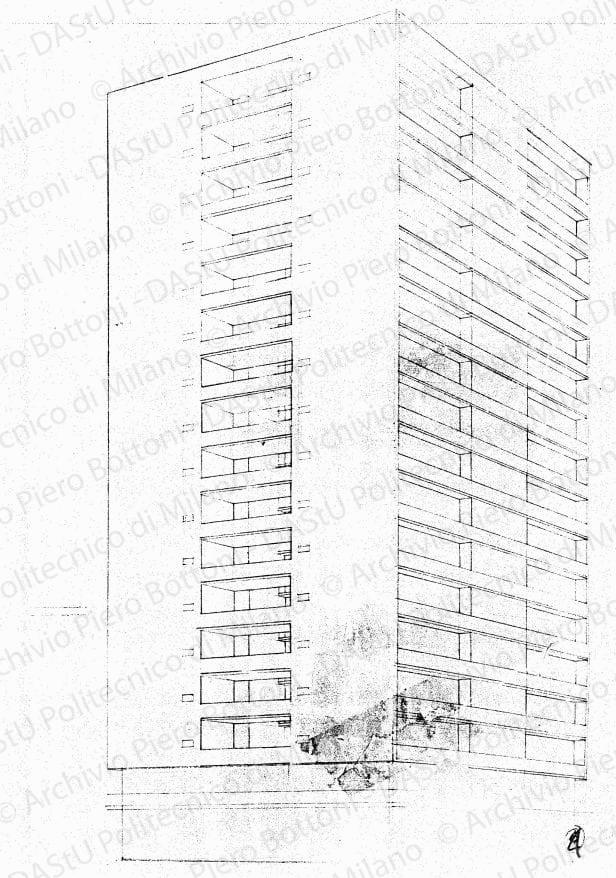 Prospettiva di edificio a torre, scala 1:200, s.d. Matita su lucido, cm 35,0x20,2. 