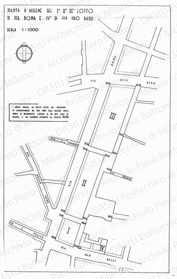 Pianta d'insieme del I, II, III lotto di via Roma e IV di via Ugo Bassi, planimetria, scala 1:1000, s.d. China su lucido, cm 58,2x37,3. 