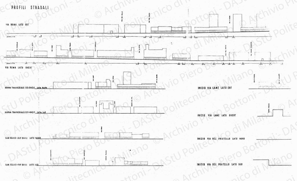 Profili stradali, prospetti, scala 1:1000, s.d. China su lucido, cm 53,2x96,0. 