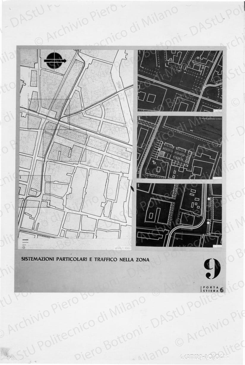 Riproduzione di "Tavola 9. Motto Porta Stiera 6. Sistemazioni particolari e traffico nella zona", positivo, bianco e nero, mm 17,7x11,5. Timbro ad inchiostro Piero Bottoni sul verso.
