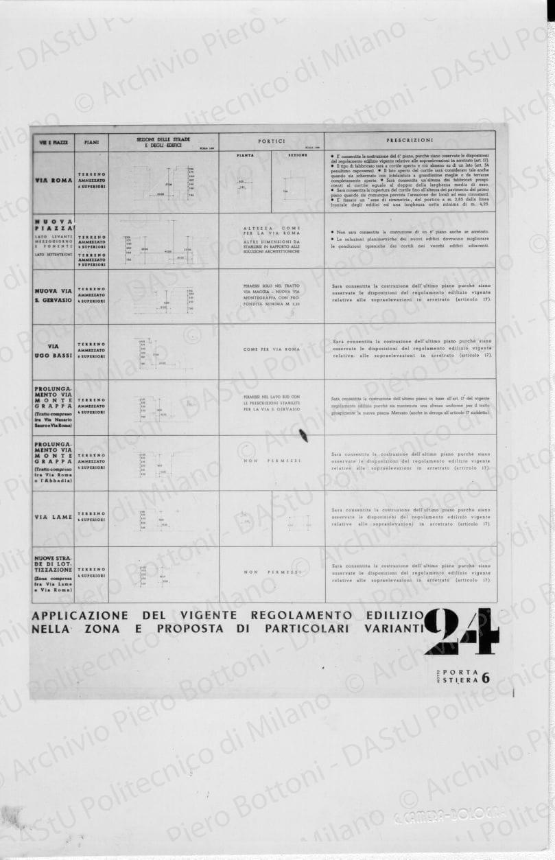 Riproduzione di "Tavola 24. Motto Porta Stiera 6. Applicazione del vigente regolamento edilizio nella zona e proposta di particolari varianti", positivo, bianco e nero, mm 17,7x11,5. Timbro ad inchiostro Piero Bottoni sul verso.
