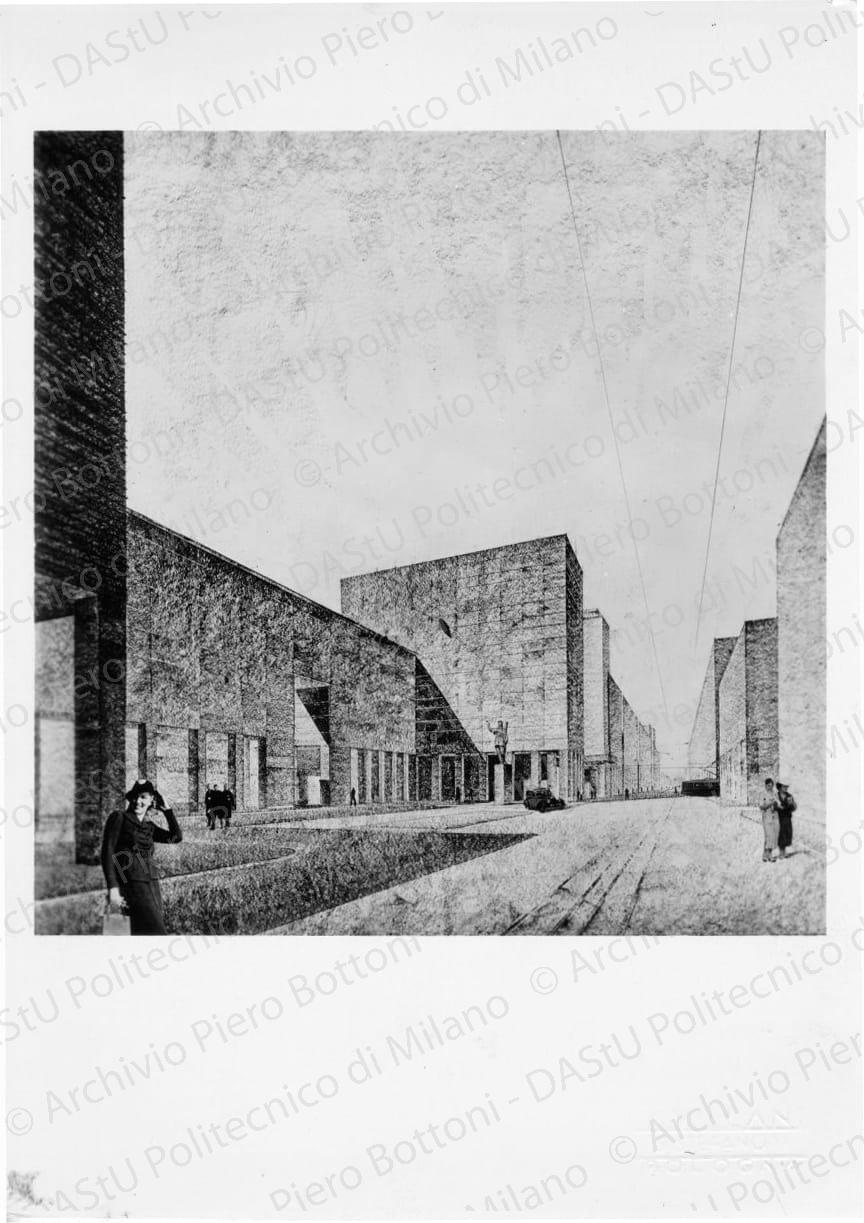 Riproduzione di veduta prospettica con fotomontaggio, positivo, bianco e nero, mm 173x128. Su una fotografia timbro ad inchiostro sul verso: "Da restituire" e "Studio dell'architetto Piero Bottoni".