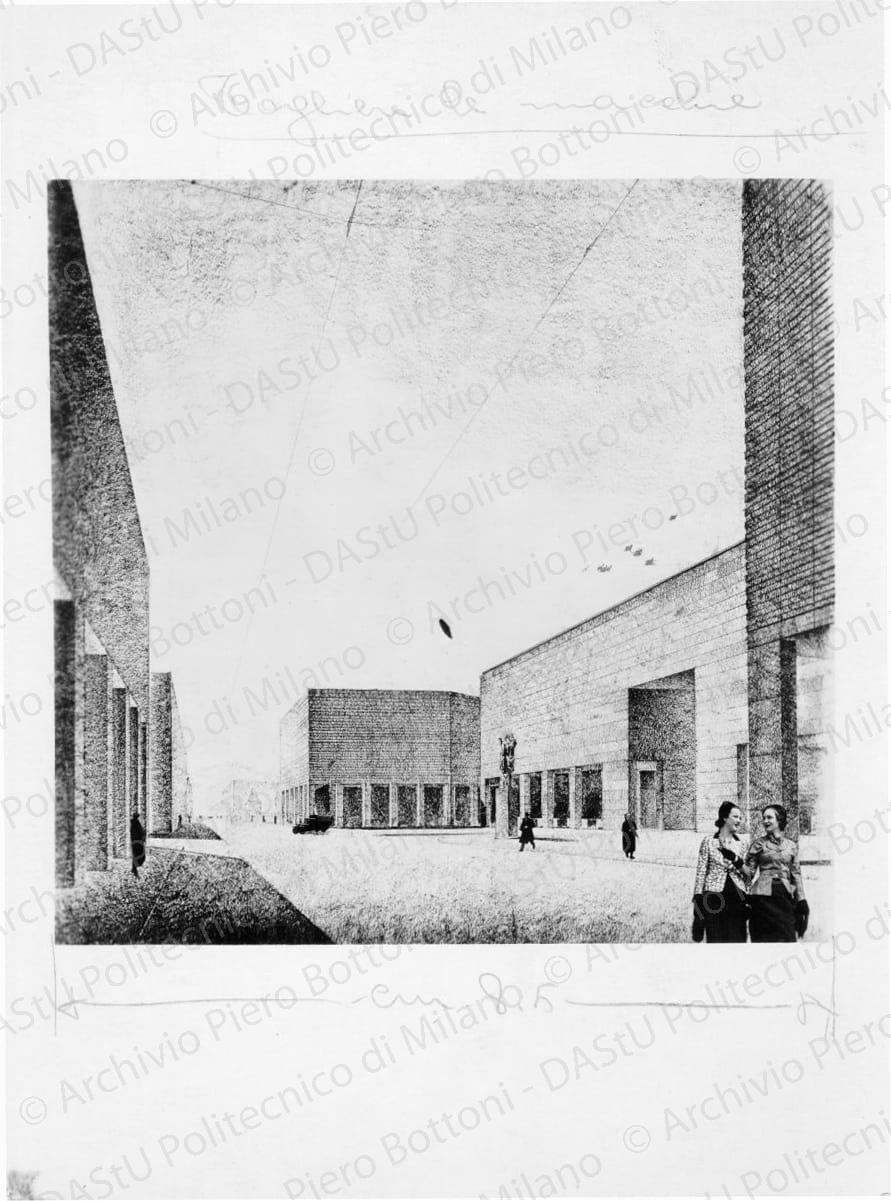 Riproduzione di veduta prospettica con fotomontaggio, positivo, bianco e nero, mm 172x128. Su una fotografia timbro ad inchiostro sul verso: "Da restituire" e "Studio dell'architetto Piero Bottoni".