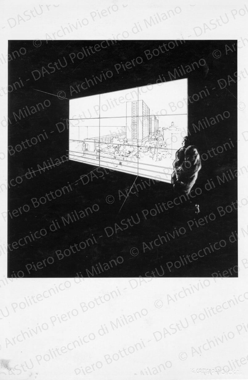 Riproduzione di veduta prospettica con fotomontaggio, positivo, bianco e nero, mm 176x116.