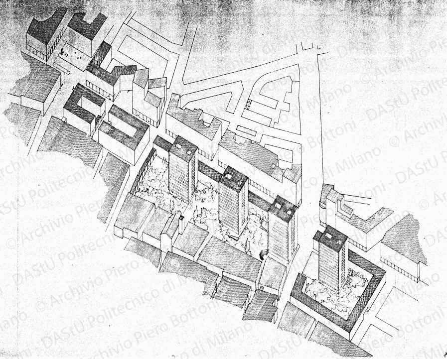 Assonometria di via Roma (tratto da via Riva Reno a piazza Malpighi), scala 1:1000, s.d. Matite colorate su eliografia su carta, cm 49,5x64,5. 