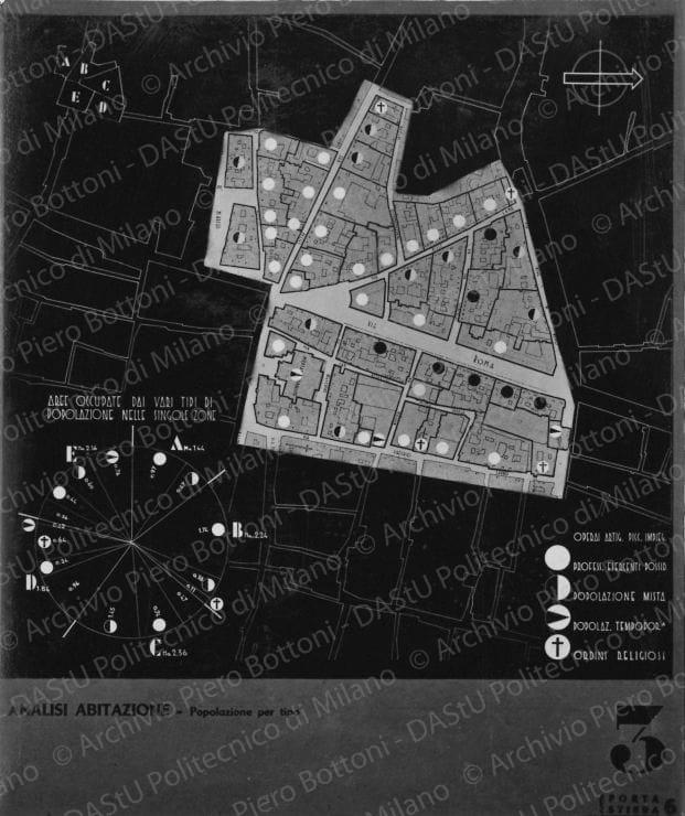 Riproduzione della tavola 3: "Analisi abitazione - Popolazione per tipo", grafici e planimetrie. Positivo, bianco e nero, 118x99 mm, album giallo n.3, pag.16.