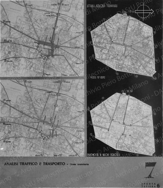 Riproduzione della tavola 7: "Analisi traffico e trasporto. Linee tramviarie", planimetrie. Positivo, bianco e nero, 115x400 mm, album giallo n.3, pag.17.